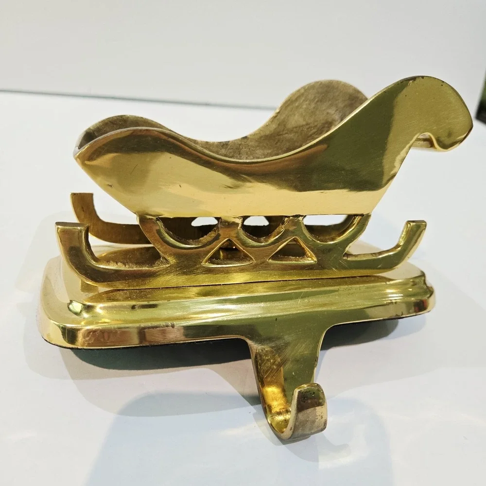 Vintage Solid Brass Sleigh Christmas Stocking Sock Holder Hanger